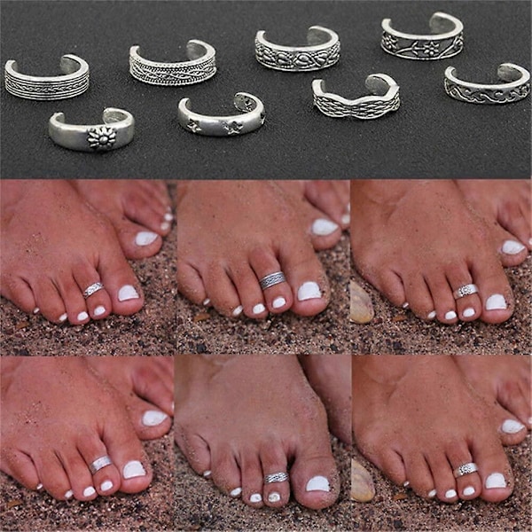 8 stk. Sølv Tåringer Pakke for Kvinner Åpne Tå Fingerringer Sett for Tenåringsjenter Fotringer Boho Smykker for Sommersandaler Strand Hennes Gave