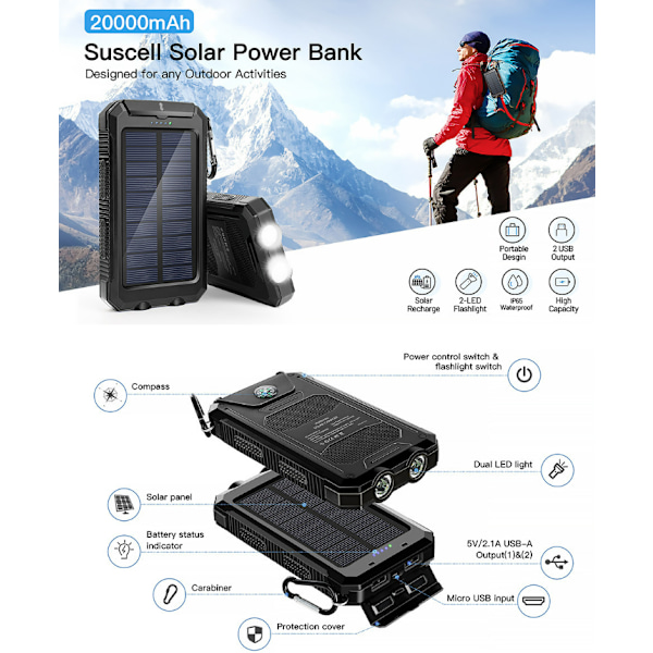 Aurinkolaturi 20000mAh Power Bank - Langaton Kannettava Laturi 2A USB C Nopea Lataus Ulkoinen Akku Puhelimille Tableteille