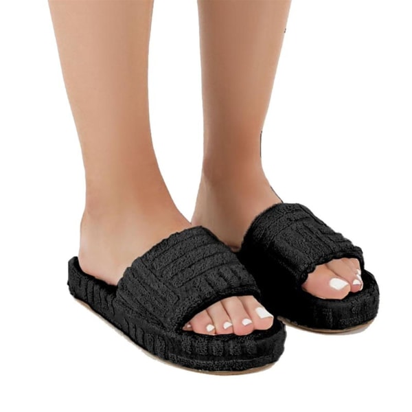 Terry Toweling Slider Slider Tofflor För Kvinnor Flickor Slip-on plysch Skor Hushåll Vinter Supply Black 35