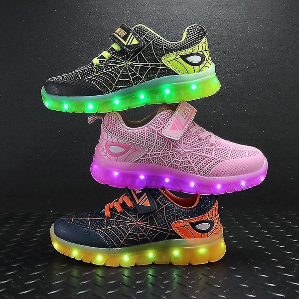 Barn Sneakers Led Lights Löparskor Spindelnätsmönster Flickor Pojkar Casual Skateboard Skor USB Charging Luminous Sportskor 807Black Green 27