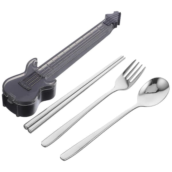 1 Set Sked, Ätpinnar Och Gaffel Set för Lunch Bärbar Gitarrformad Låda Bestickset Resebestick
