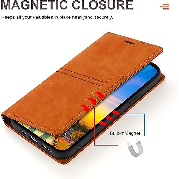 Etui til iPhone 13 Pro Max med kortholder, brunt PU læder etui, flip wallet til Apple iPhone 6.7 tommer