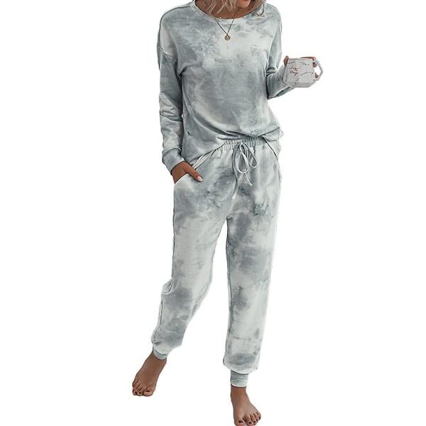 Kvinnors Tie Dye Casual Kostym Långärmad Sweatshirt Topp + Dragsko Byxor Kostym Casual Jogging Lounge Wear Gray S