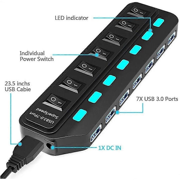 USB Hub 3.0 adapterilla, 7 porttia Superspeed USB Hub