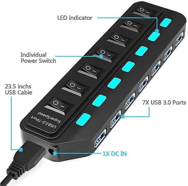 USB Hub 3.0 med Adapter, 7 Porter Superspeed USB Hub