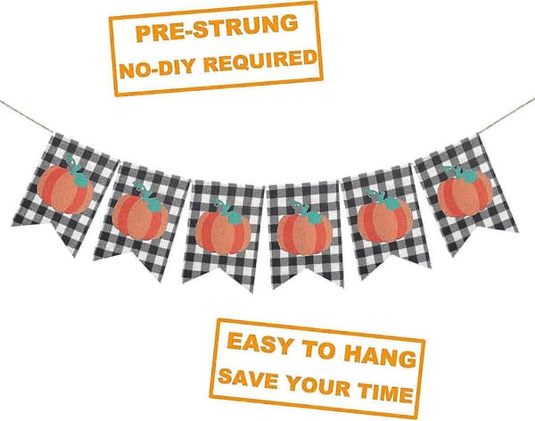 Græskar Banner Rustik Hvid Sort Buffalo Plaid Vimpel Flag Guirlande