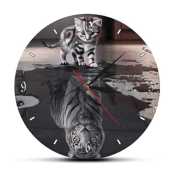 Träväggklocka 34cm Tyst Kvartsväggklocka - Katt Tiger Mönster