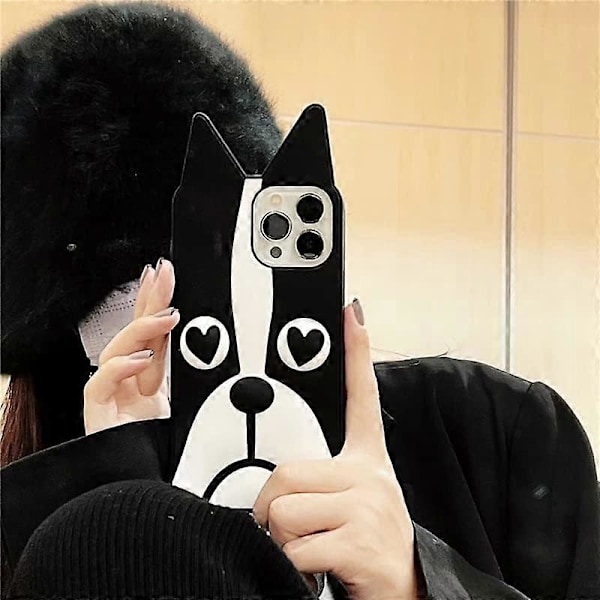 Ultratjockt Mjukt Silikon Fransk Bulldog Skal för Apple iPhone 13 Pro Max 3D Valp Svart och Vit Färg Söt Rolig Kawaii