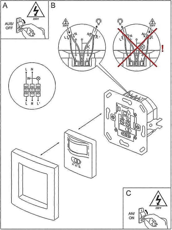 Inomhus Rörelsedetektor, Infälld Väggmontering, Anpassad LED, Infraröd Sensor, Programmerbar, Räckvidd 9m/160, 3 Trådar