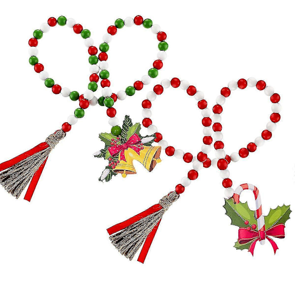 Julgransgirlang av träpärlor med gröna och röda klassiska pompoms för julgran, semester, hem, ca 85 cm (2 st)