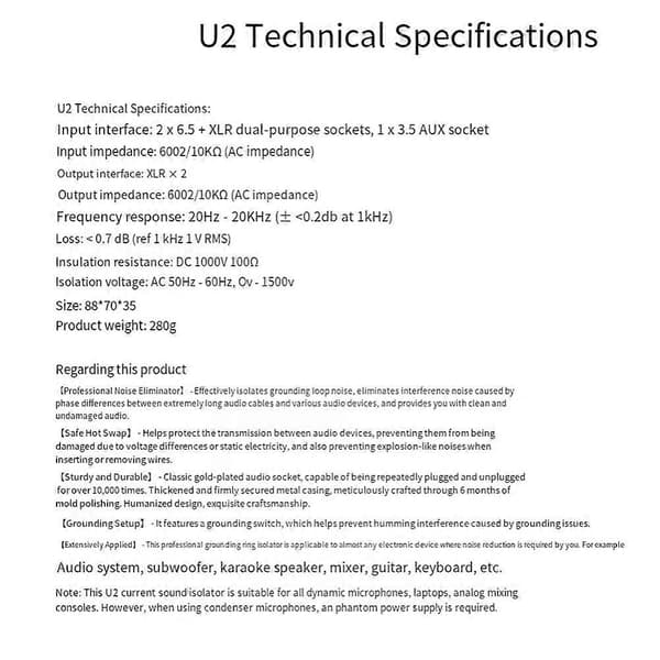 U2 Audio Isolator 3.5 til XLR Dobbeltkanals Strømlydsisolator Eliminerer Strømlyd Black