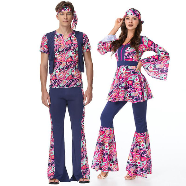Flerfärgat par 60-tal 70-tal Hippy Disco Kostym Retro Rockabilly glänsande skjorta Cosplay Carnival Halloween Fancy Party Dress B2 M