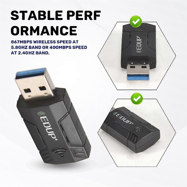 EDUP 1300M USB3.0 Trådløst Nettverkskort WiFi Adapter 2.4G & 5G Dual Band Stabil Signal Adapter for P