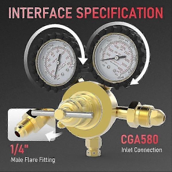 Velegnet til nitrogenregulator + slange, 0-800 PSI og 0-4000 PSI udgangstryk, CGA580 indgangstilslutning og 1/4in han flare fitting - FO SHAN RAN WANG