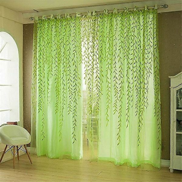Willow Leaves Øyekrok Gardin Transparent Gardinpanel Tyll Voile Vindus Balkongdør Gardin for Soverom, Stue, Studierom og Hjemmedekorasjon
