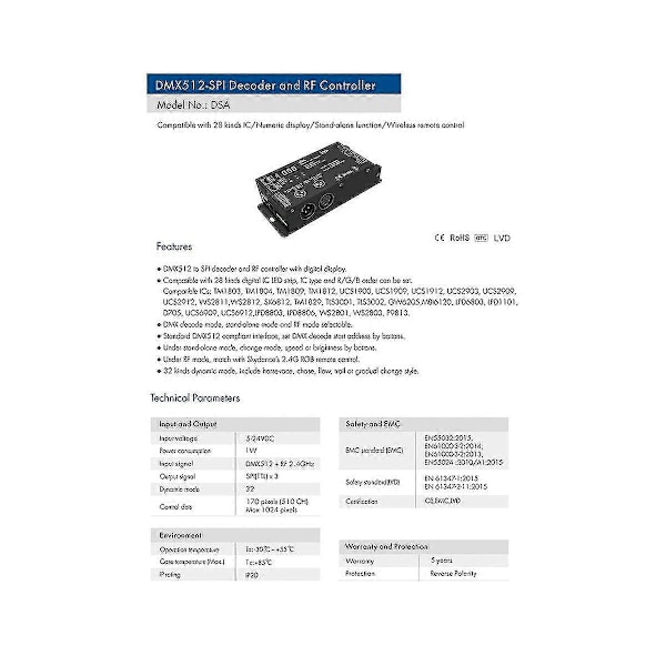 LED Dmx512 Till Spi Dekoder Dmx Konverter 1024 Punkter Ttl Pixel Kontroller Stöd 6803/8806/2811/2812
