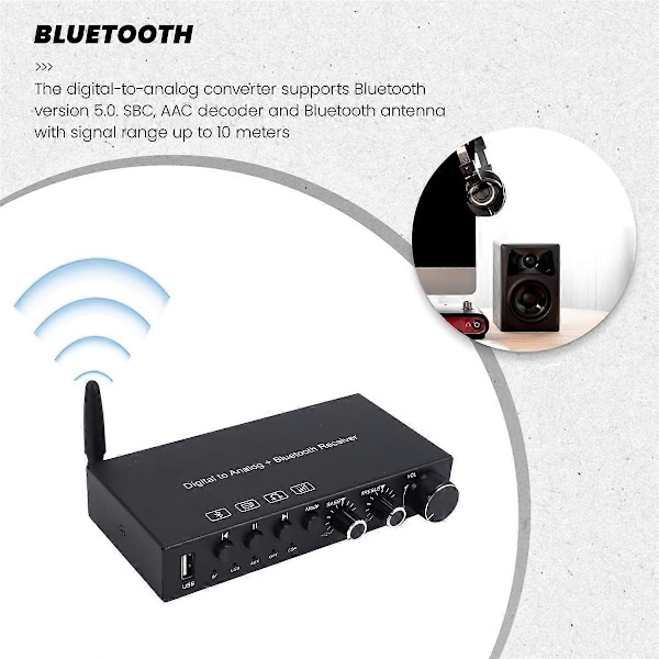 USB 192KHz DAC Digital til Analog Konverter med Hodetelefonforsterker Innebygd Bluetooth 5.0 Mottaker