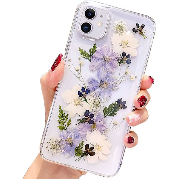 Design for iPhone 12 Deksel Blomst, Klar Glitter Presset Ekte Blomster Myk Slank Beskyttende Gummi Blomster Søtt Deksel for Kvinner Jenter (Marineblå Blomst)