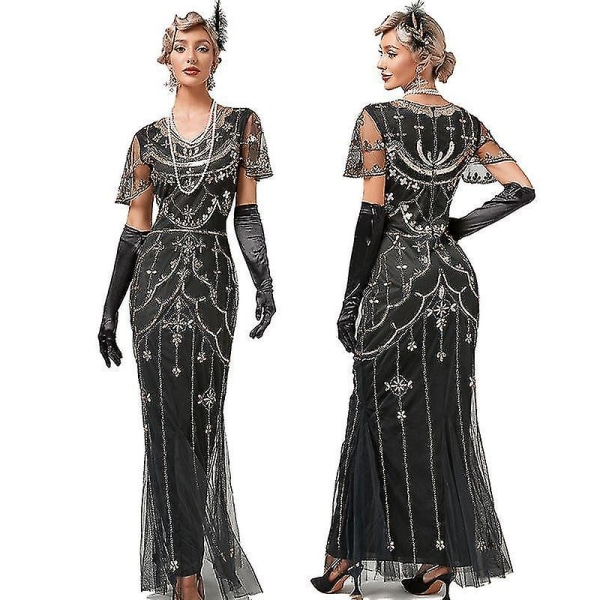 Halloweenklänningar 1920-tal Pärlpaljetter Vintage långklänning Mode Kortärmade brudtärnaklänningar Plus Size Lyx Anquet Kväll Nyårsklänning Hög XL