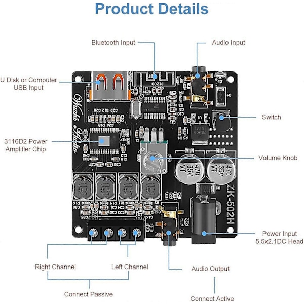 Bluetooth Forstærker Hifi 5.0 Dual Channel Stereo Bluetooth Digital Effektforstærker Board Modul 2x50w Audio Forstærker