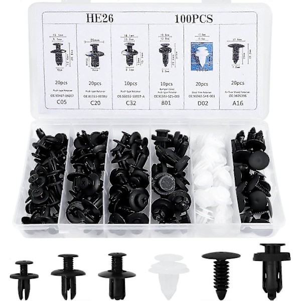 100 st Bil Kaross Trim Clips, Plast Nitar Fästen Universal Auto Svarta Nylon Clips Stötfångare Clips C