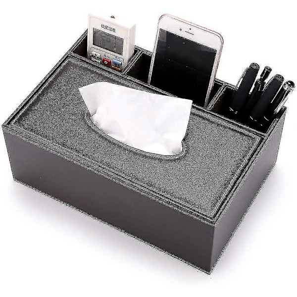 Rektangulær PU-skinn Tissue Box Dispenser med 3 rom Skrivebordsorganisator