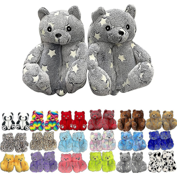 Teddy Bear Tofflor Dam Plysch Animal Tofflor Varma vinterskor Fuskpäls Anti Slip M Diamond Ironing Star