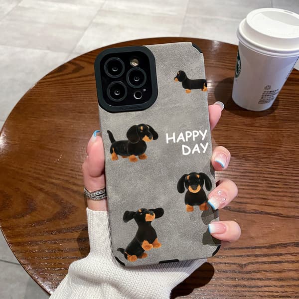 Gravhund Telefoncover Kompatibelt med iPhone Telefoncover Efterår Lædermønster 16PLUS