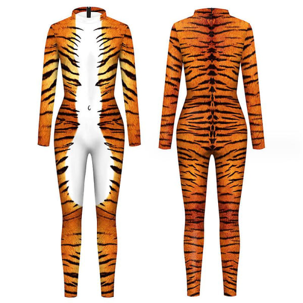Kvinnors Halloween Tiger Cosplay Bodysuit 3d Skinny Stretch Costume L