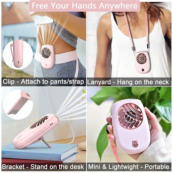 Bærbar halsventilator, håndholdt miniventilator, elektrisk ventilator, 2000mAh batteridrevet ventilator med snor, pink