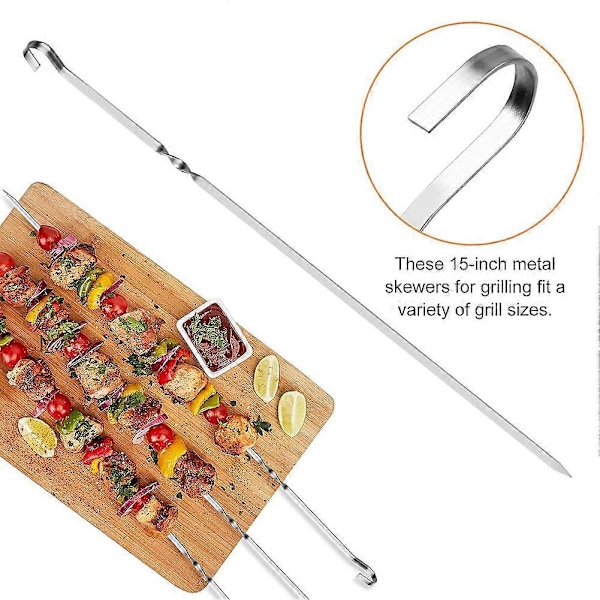 25 st Grillspett, platta spett med krok, 38 cm grillspett, metall BBQ kebabspett för grönsaker, räkor, kyckling och fläsk