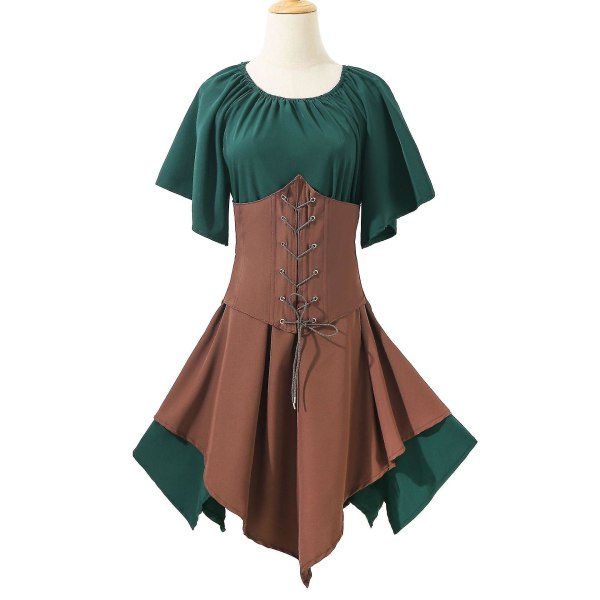 Snabb leverans Dam medeltida renässansdräkter Piratkorsettklänning för kvinnor Flare ärm Traditionell irländsk kort klänning Green-Khaki 2XL