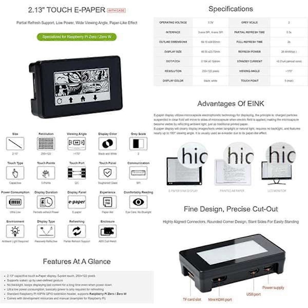 För Zero 2,13 tum Multifunktionell Portabel Touch Ink-skärm 250X122 Upplösning med Fodral