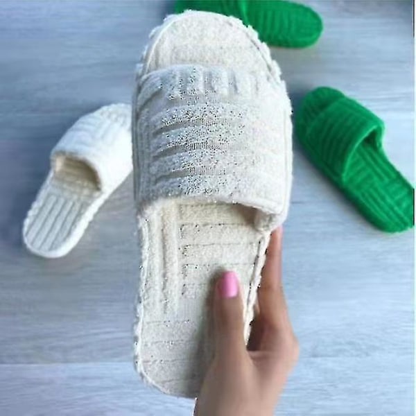 Terry Toweling Slider Slider Tofflor För Kvinnor Flickor Slip-on plysch Skor Hushåll Vinter Supply White 42