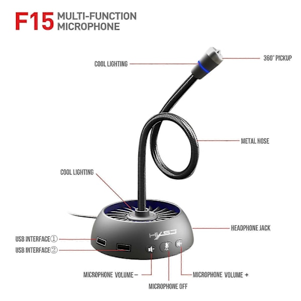 Multifunksjonell stemmemikrofon, USB-mikrofon RGB lysende bøybar, driverfri stemmechat videokonferanse datamaskinmikrofon