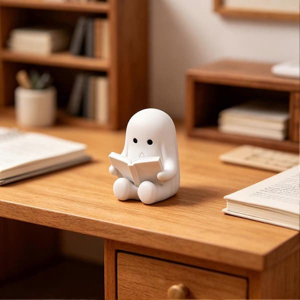 Sød spøgelseslæsefigur Halloween bogreolpynt samlerobjekt White
