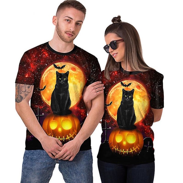 Black Cat Halloween Pumpkin Fun Unisex T-shirt för män kvinnor CAT PATTERN XL