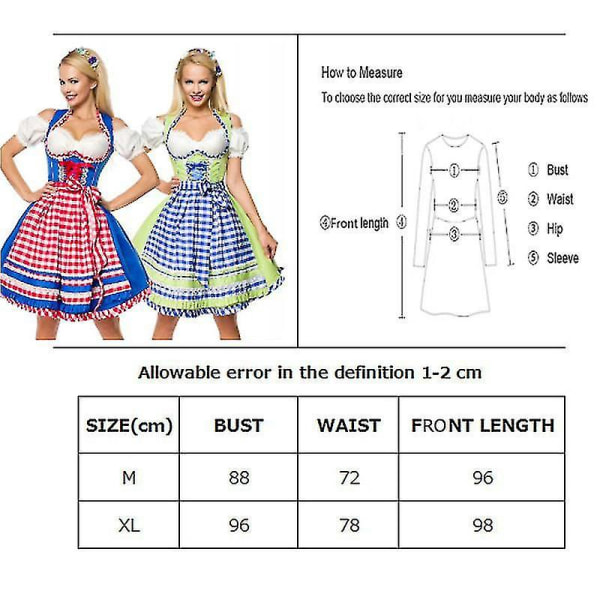 Halloweenklänningar Lady Carnival Oktoberfest Dräkt Krog Beerfest Servitör Dirndl Crop Top Rutigt Förkläde Outfit Cosplay Halloween Fancy Festklänning Hög Blue XL-Oktoberfest