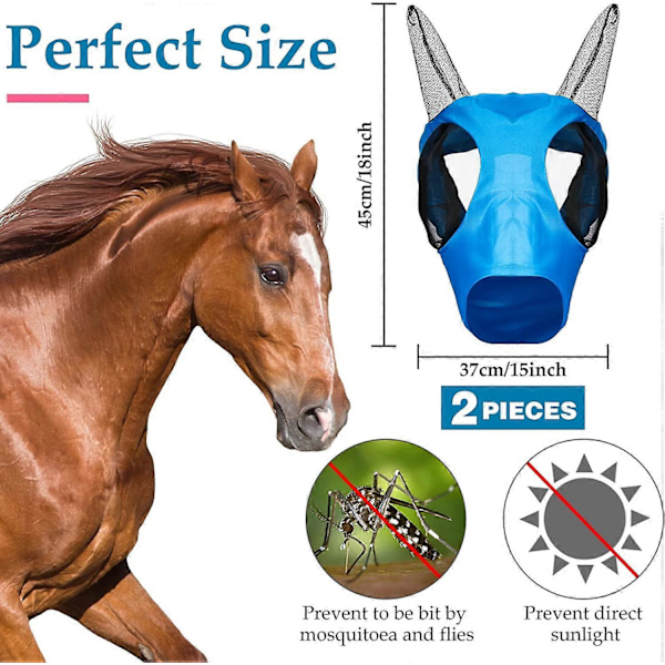 2 Stykker Heste Flue Maske Komfort Flue Masker for Hester Elastisk Hestemaske med Ører og Lang Nese Beskyttelse Glatt Mesh Hodebeskyttelse for Hest, Blå, Rosa
