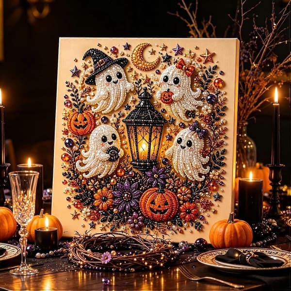Halloween Spøgelse Perlekunst DIY-sæt, Spooky Sød 3D Diamantmaleri Håndværk til Voksne, DIY Efterår Hjemmeindretning Vægkunst, Halloween Spøgelse Perlemaleri Sæt E