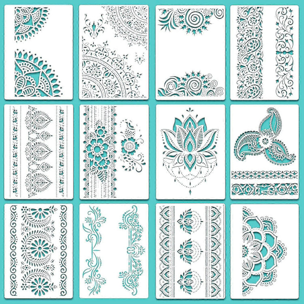 12 Store Mandala-sjablonger, gjenbrukbare malingsmaler, 8,3 x 11,7 tommer, blomsterdesign