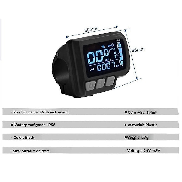 EN06 LCD Cykeldisplay Meter Speedometer med Lysstik 6pin Vandtæt Ledning 24V 36V 48V Elektrisk Cykel Display Panel