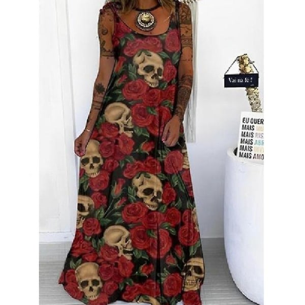 Kvinnors Casual ärmlös Maxiklänning Skull Printed Lös Klänning Halloween Party Sling Long Dress style 9 4XL