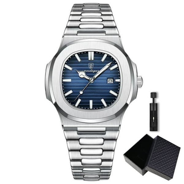 POEDAGAR Business Vandtæt Ur Lysende Dato Rustfrit Stål Firkantet Quartz Herreur Blue