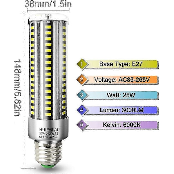 2-pakning E27 LED Corn Lyspærer 25w Dagslys Hvit 6000k 3000lm Tilsvarende 250w Glødepære, E