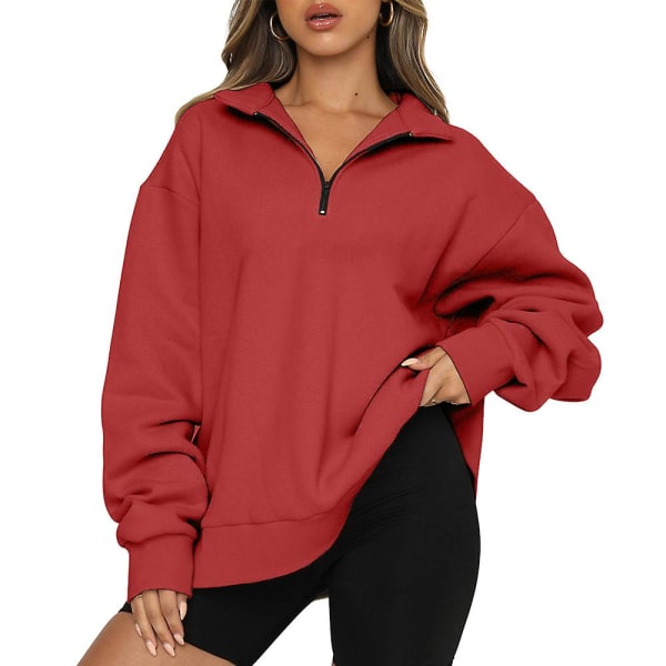 Dam Casual Toppar Sweatshirts Lös långärmad enfärgad tröja Red 2XL