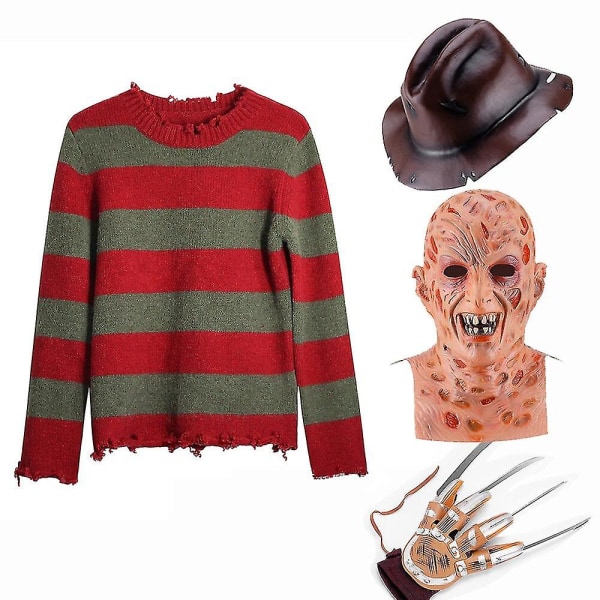 Freddy Krueger Cosplay-kostym Vuxentröja Rödrandig stickad topprock Hattmask Freddie Krueger Halloween-kostym för män Set B M