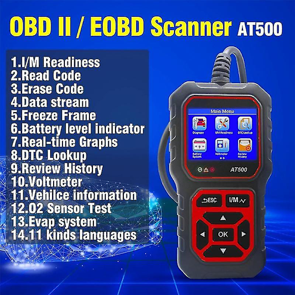 OBD2 Scanner, AT500 OBD2 Scanner Diagnostiskt Verktyg Bilmotor Felkodsläsare & Radera Check Engine Light Bilskanningsverktyg