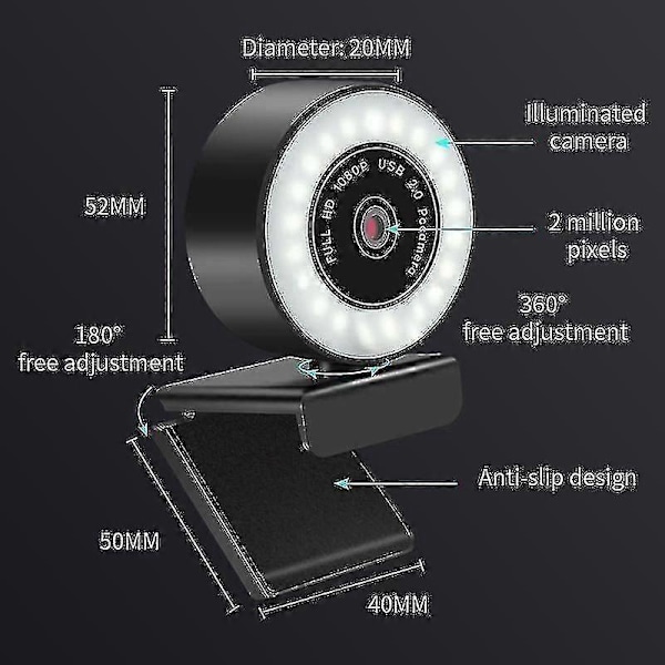 2k Fast Fokus-HD Webcam med Mikrofon LED Webkamera til Computer PC Videooptagelse Webcam