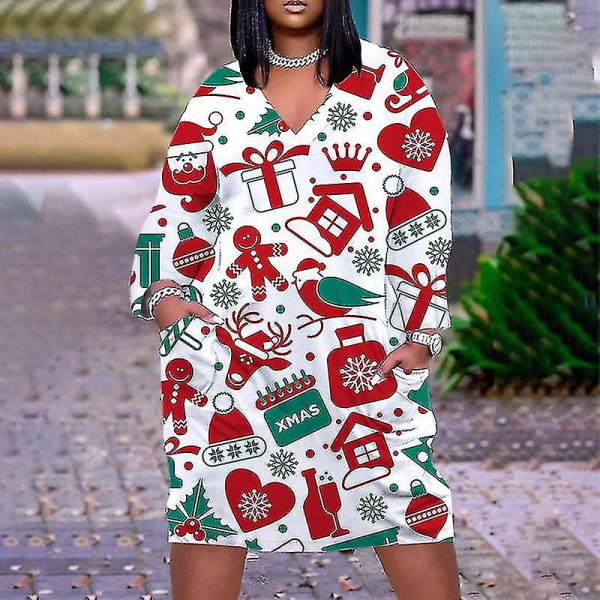 Santa Claus Print Dress Dammode kortärmad julklänning LQ41K220711D 2XL